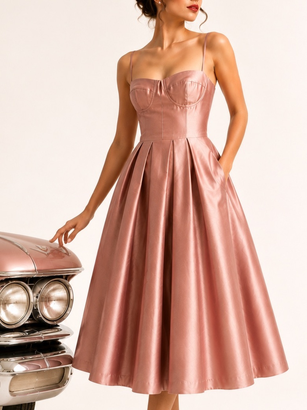 🍸 ISAAC MIZRAHI NY Dusty Rose Corset Fit & Flare Midi Dress Pockets Retro Sz 8